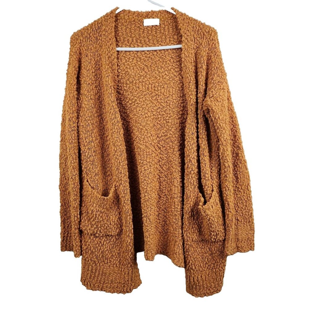 Pink Lily‎ Womens BOHO Cardigan Small Mustard Yellow Open Longline Popcorn Knit